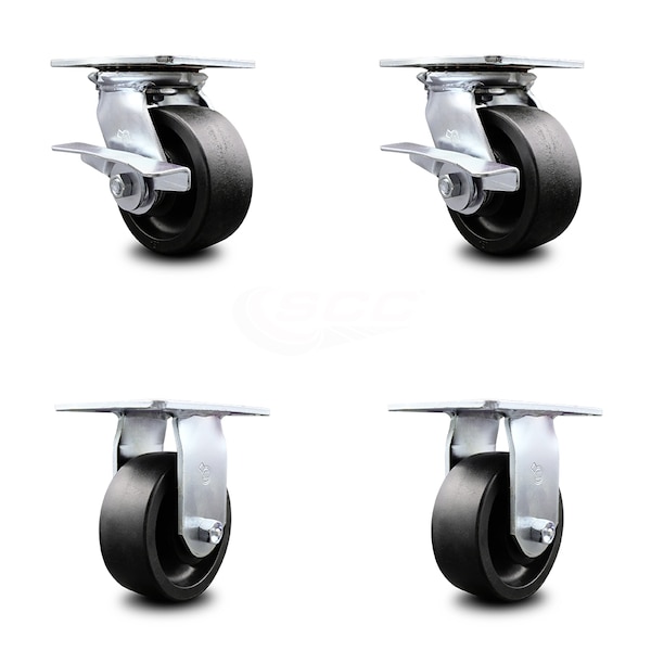 5 Inch Glass Filled Nylon Caster Set with Ball Bearing 2 Brakes and 2 Rigid SCC